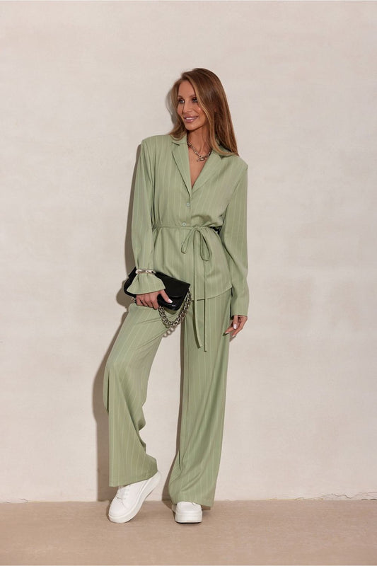 green wide leg striped trousers with tailored fit