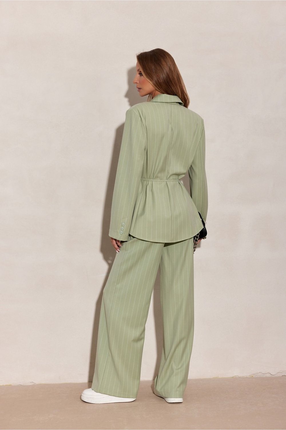 green wide leg striped trousers with tailored fit-rear-view
