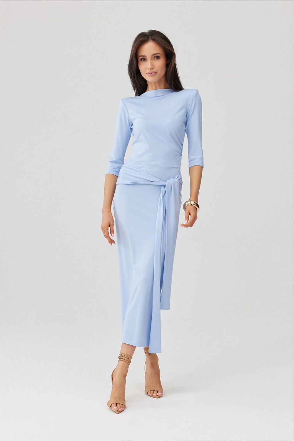 blue elegant fitted rose signature dress with waist tie 