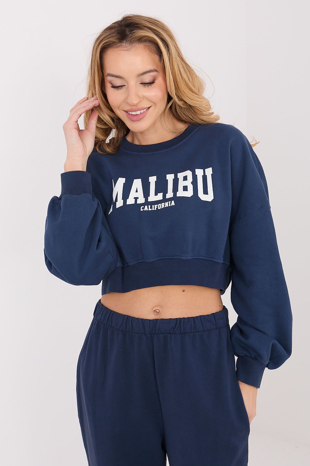  Navy cropped sweatshirt with script detail front view