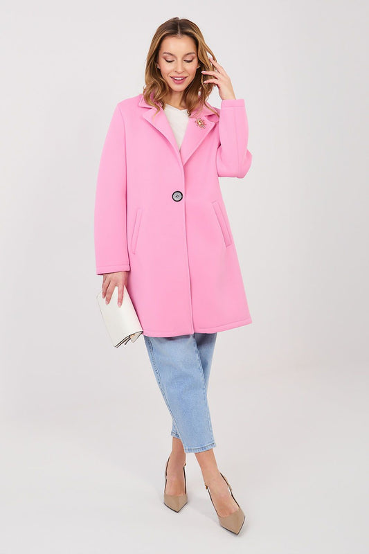 pink elegant coat with lapels and decorative brooch