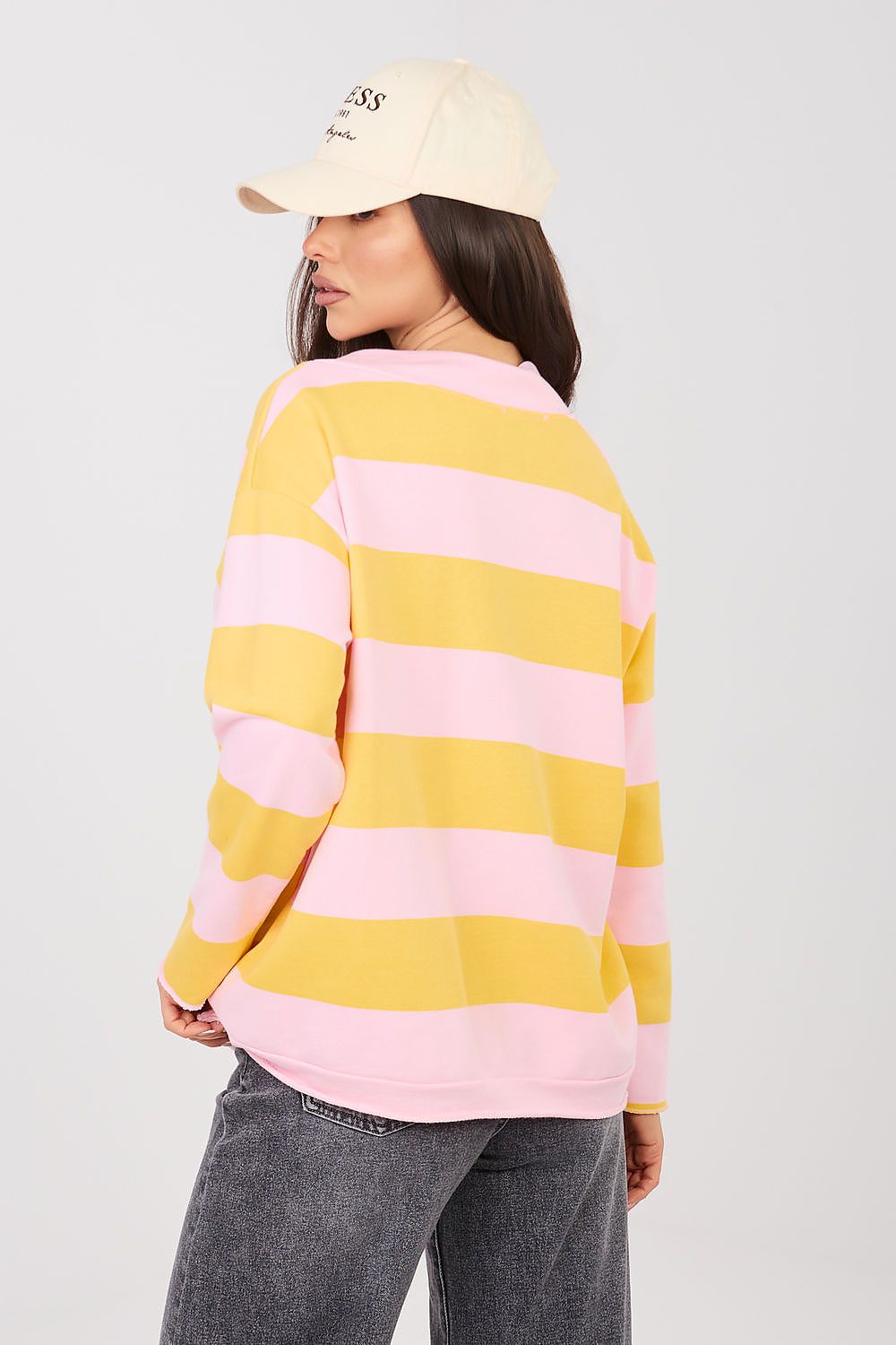 striped sweatshirt with v neck and relaxed fit rear view