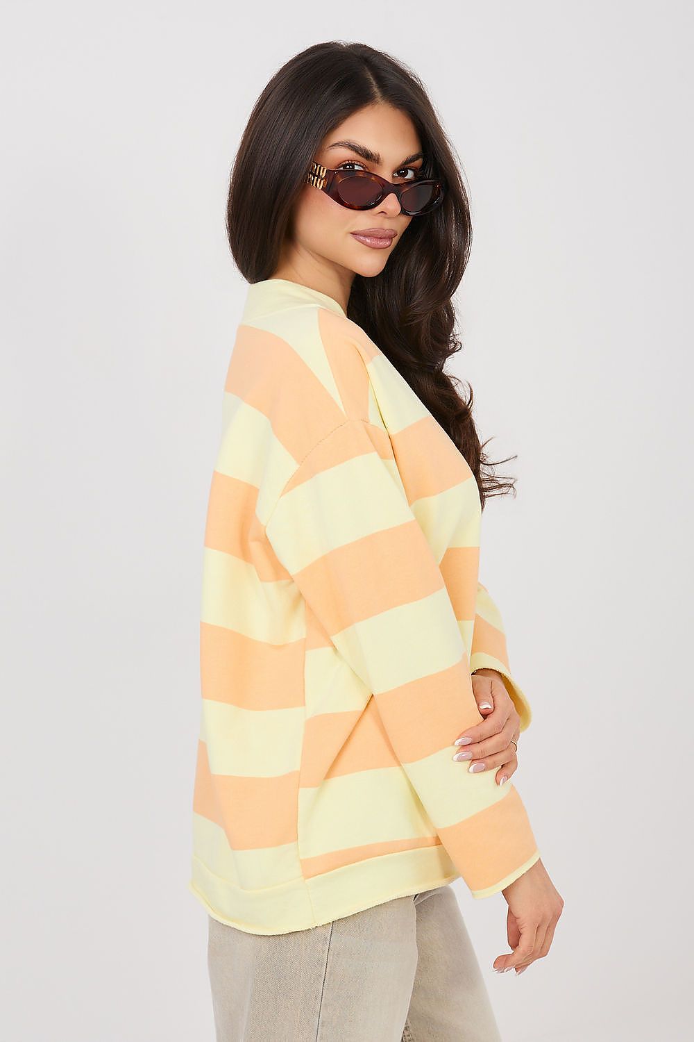 striped sweatshirt with v neck and relaxed fit side view