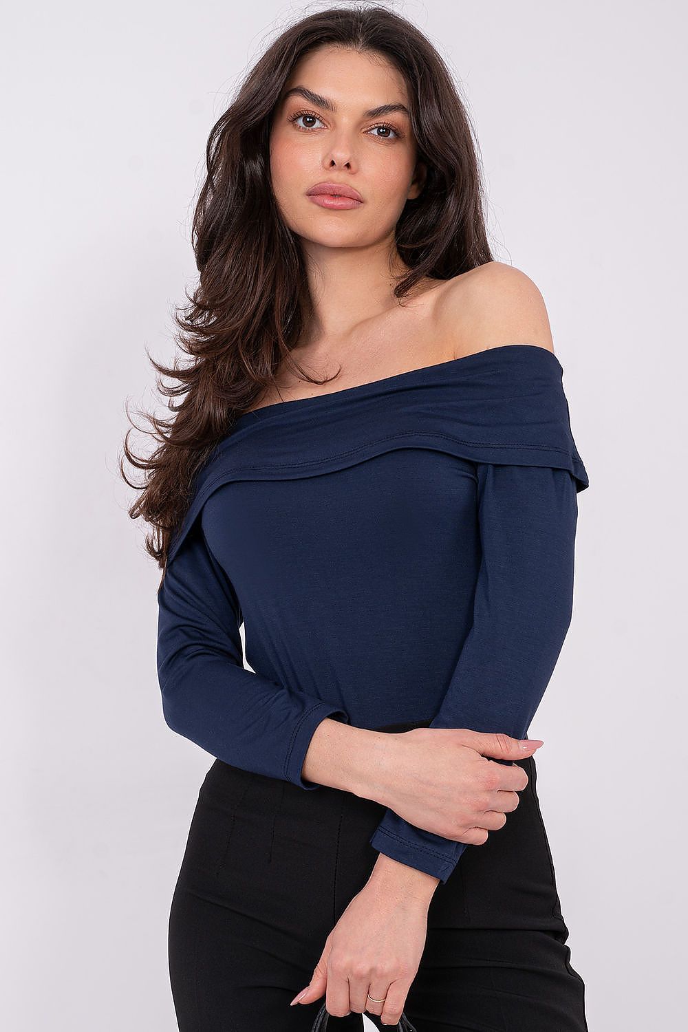  Navy fitted blouse with off shoulder design for chic everyday wear