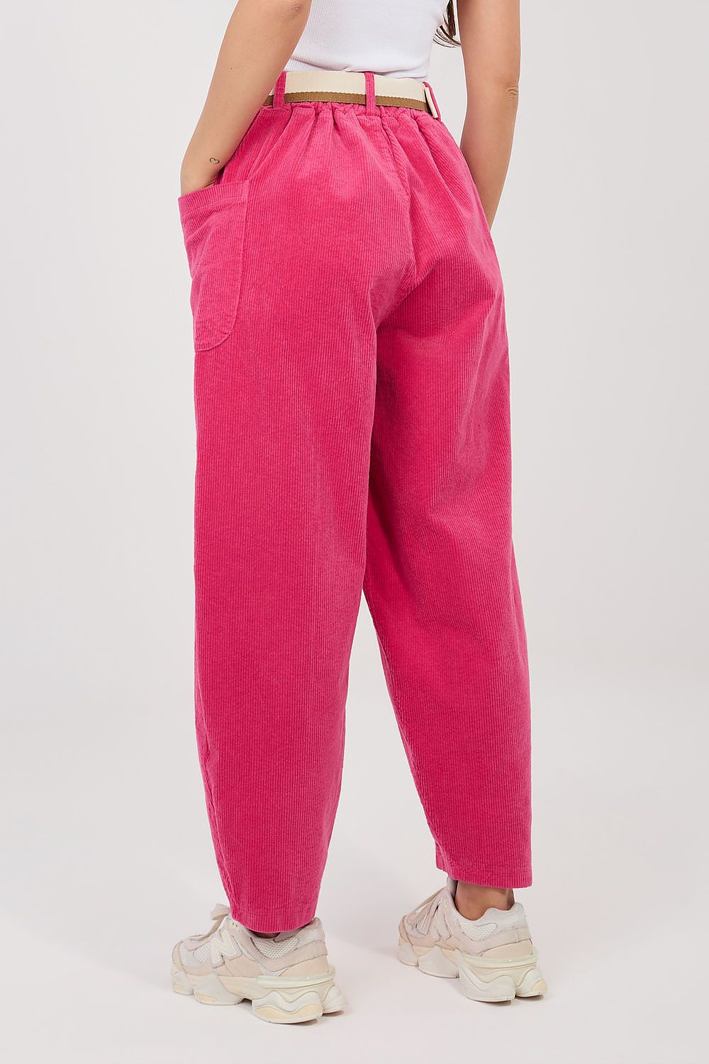 corduroy carrot trousers high waist front view-pink-rear-view