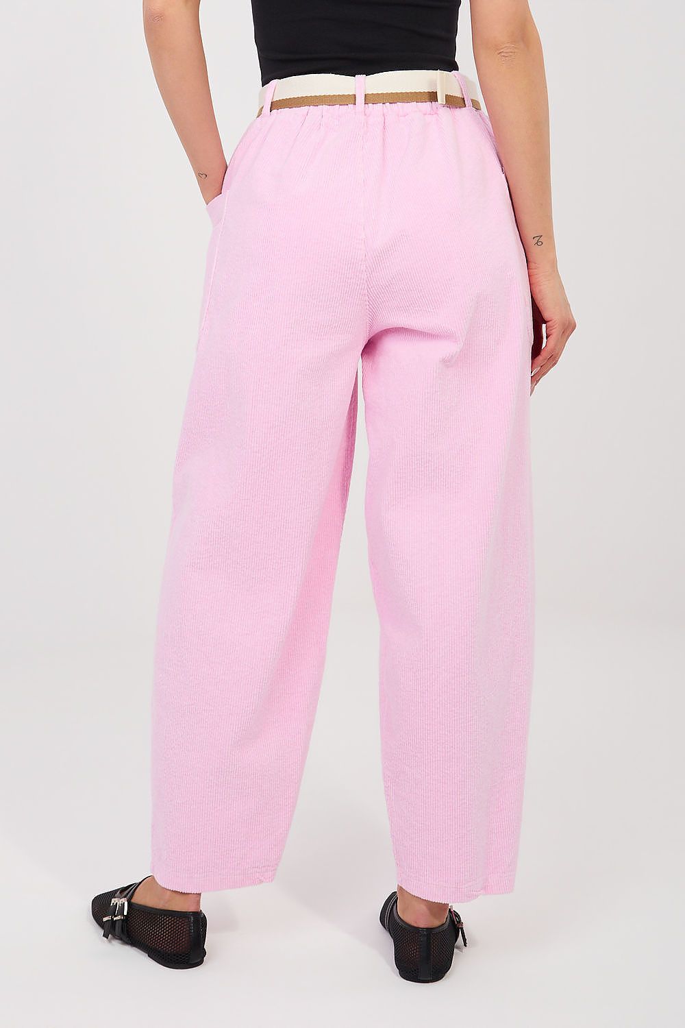 high waisted trousers with tapered leg pale pink rear view