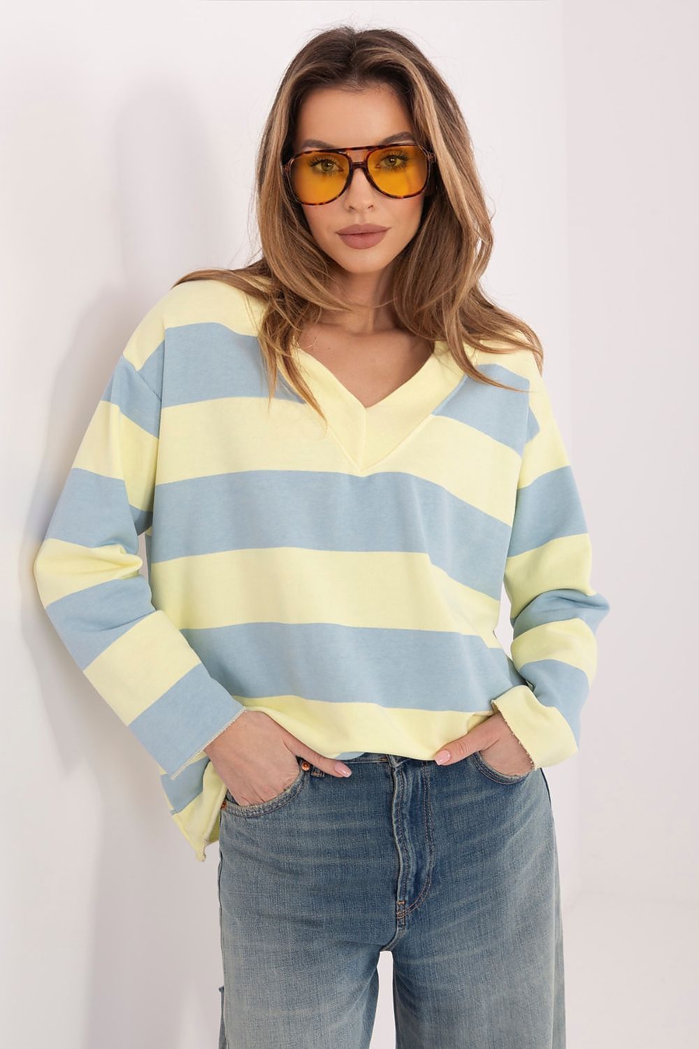 striped sweatshirt with v neck and relaxed fit yellow-blue-2