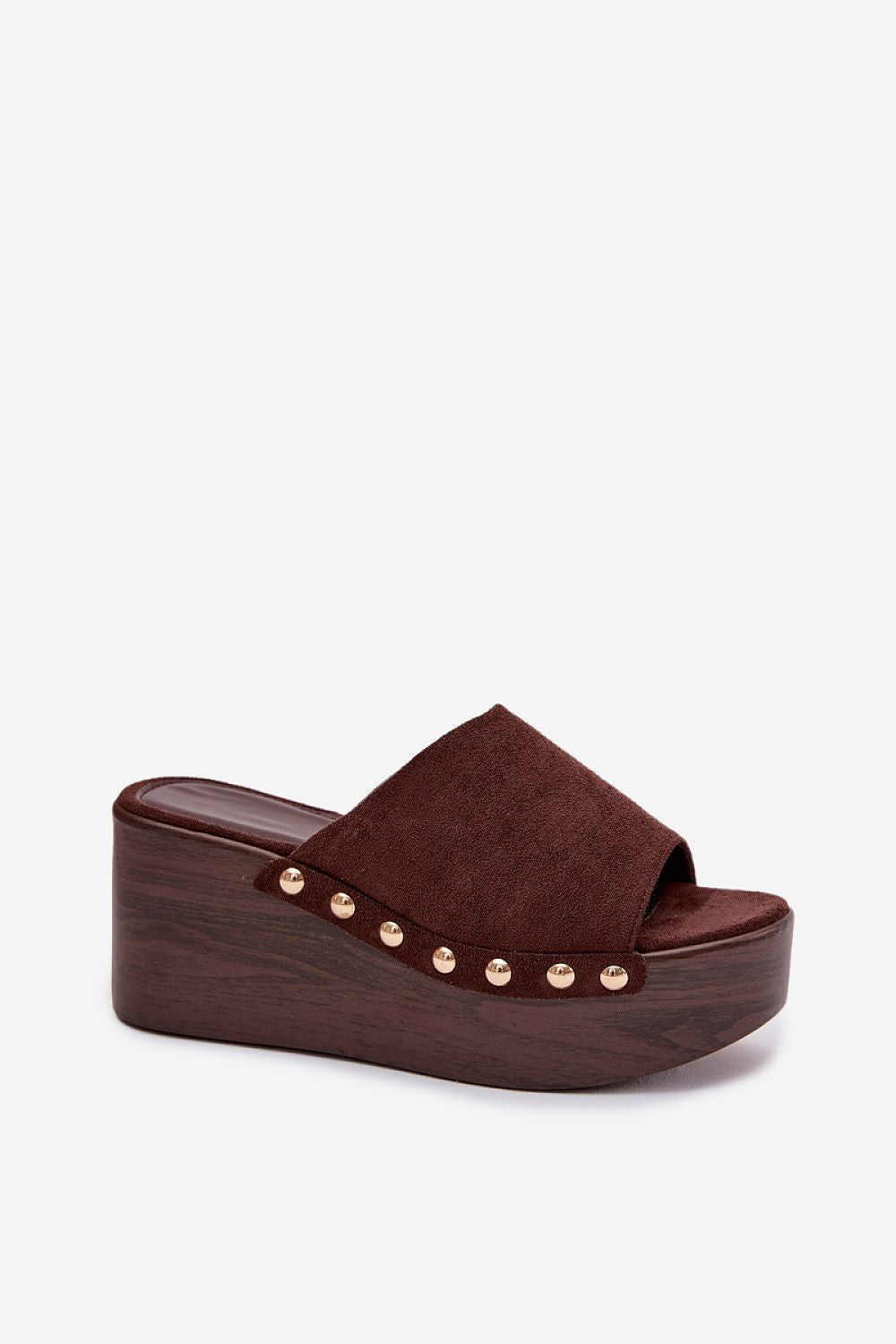 Brown platform sandal with wooden sole on a white background