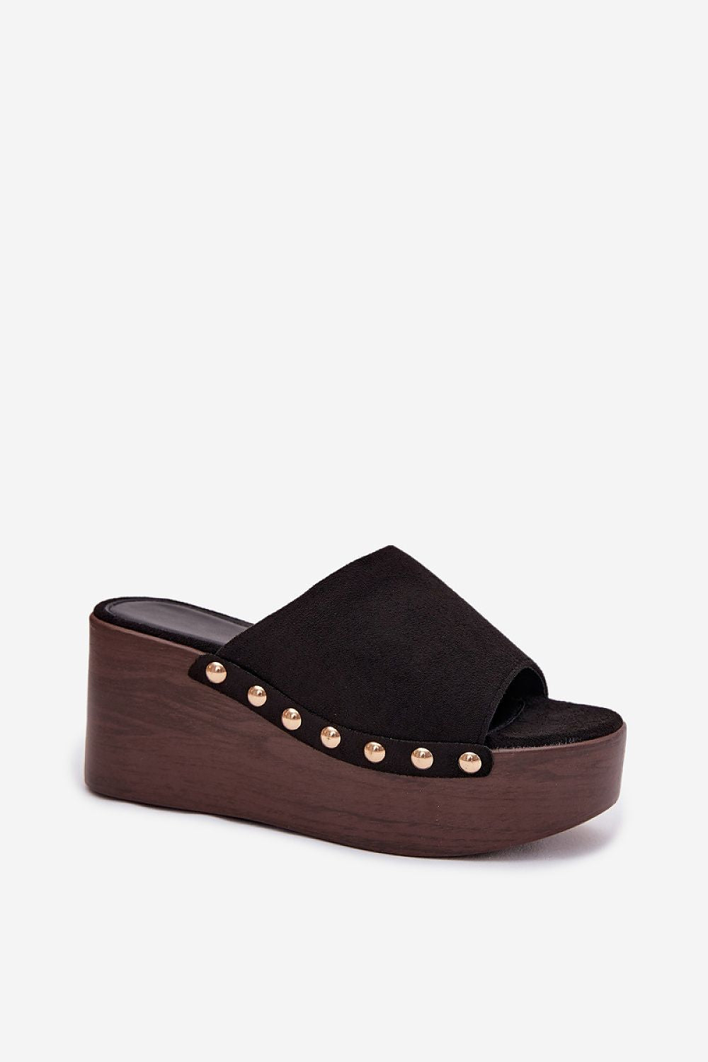Black sandal with wooden sole on a white background