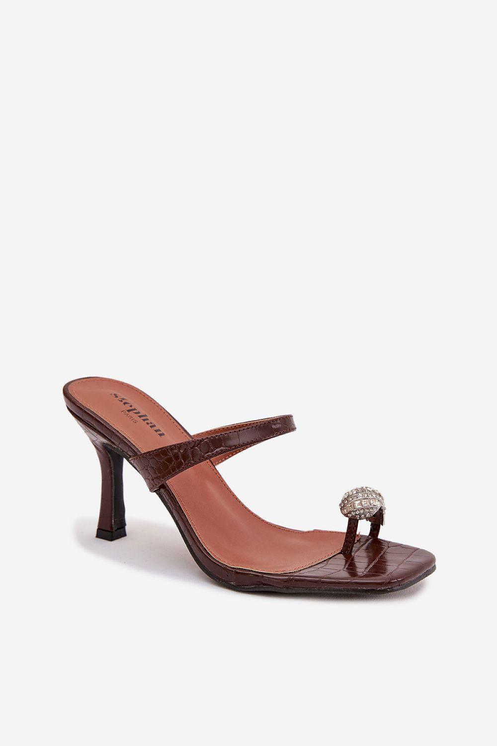 Brown high-heeled sandal with a decorative toe ring on a white background