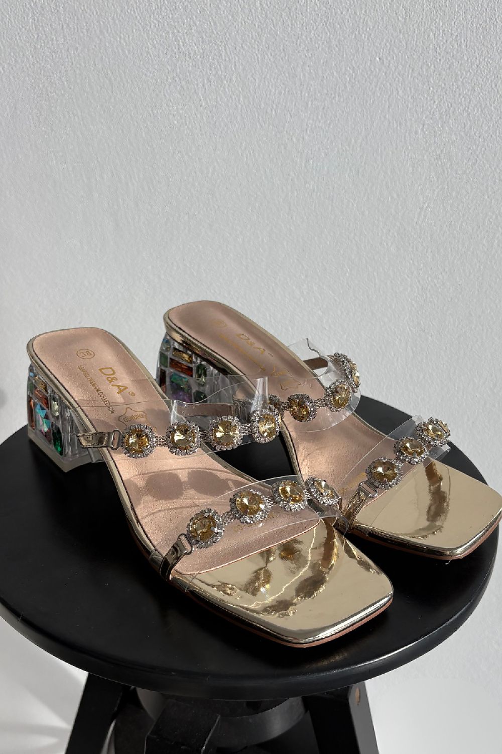  Yellow transparent strap heels zircon detail feminine style