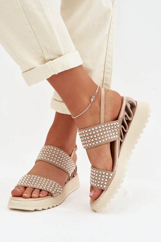 Beige suede wedge sandals zircon bead detail soft style