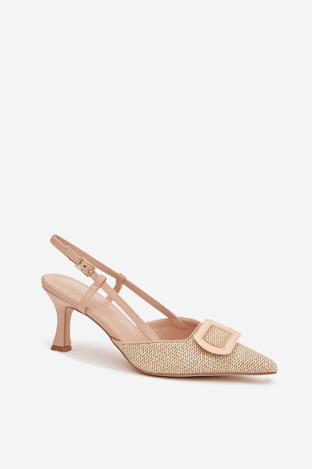 Beige high-heeled shoe with a buckle on a white background