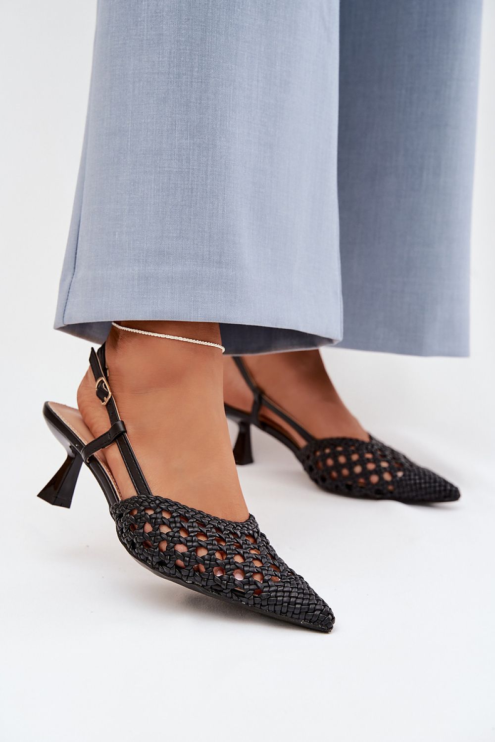 Black braided pointed toe sandals elegant slim heel