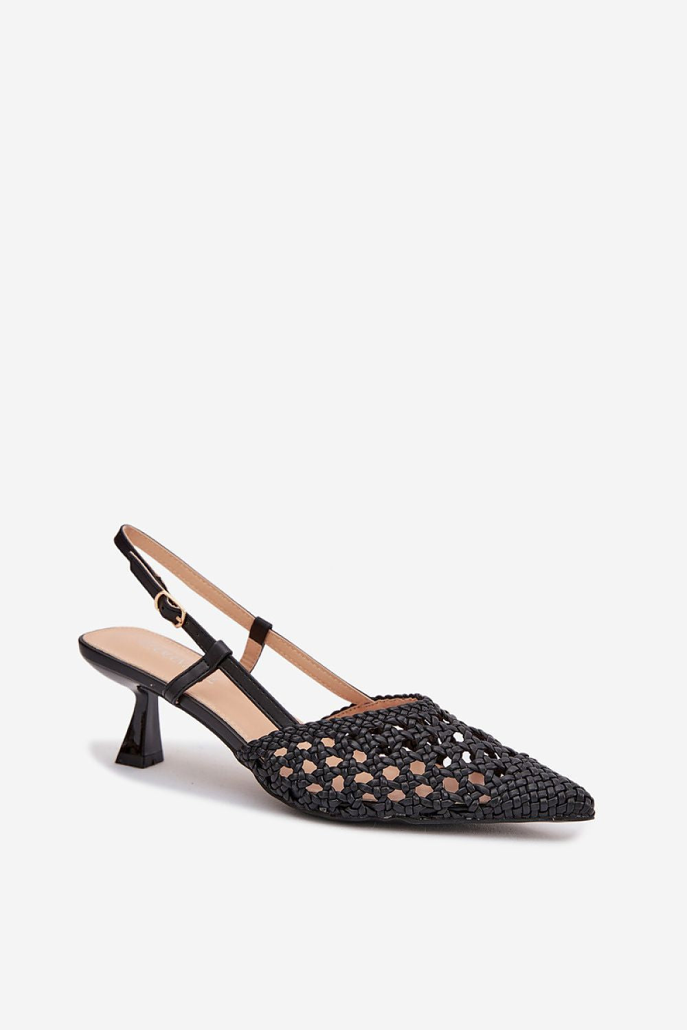 Black woven slingback shoe on a white background