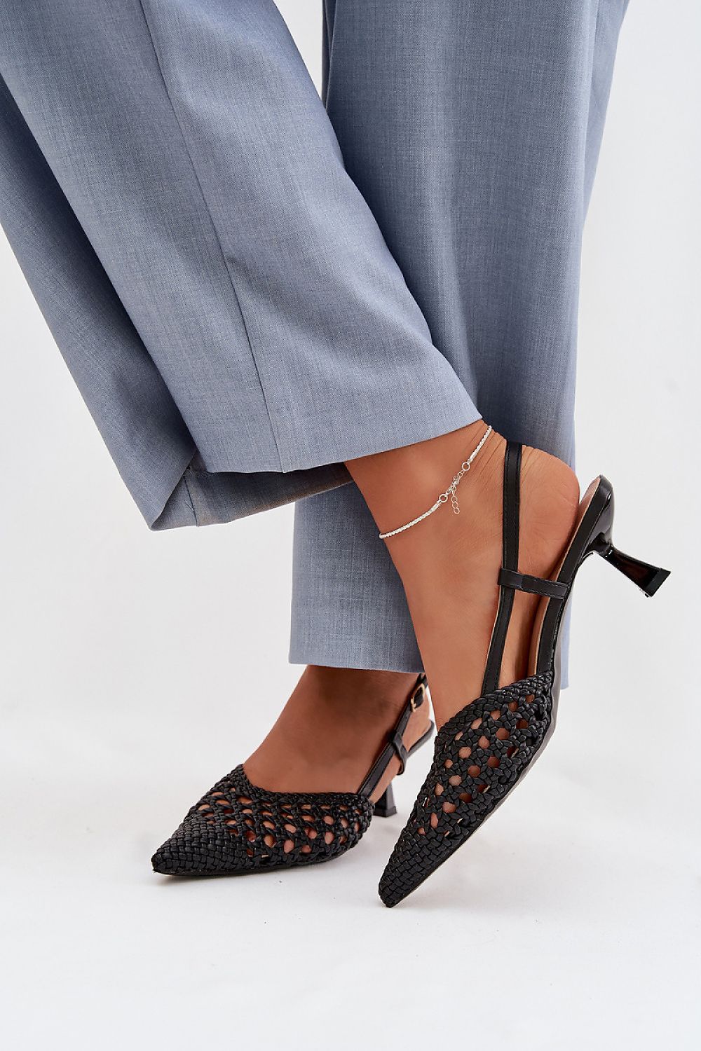 Black braided pointed toe sandals elegant slim heel-side-view