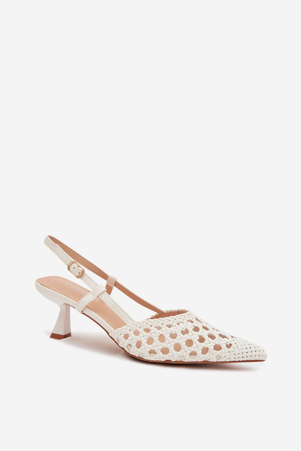 White sandal with brown heel and strap on a white background