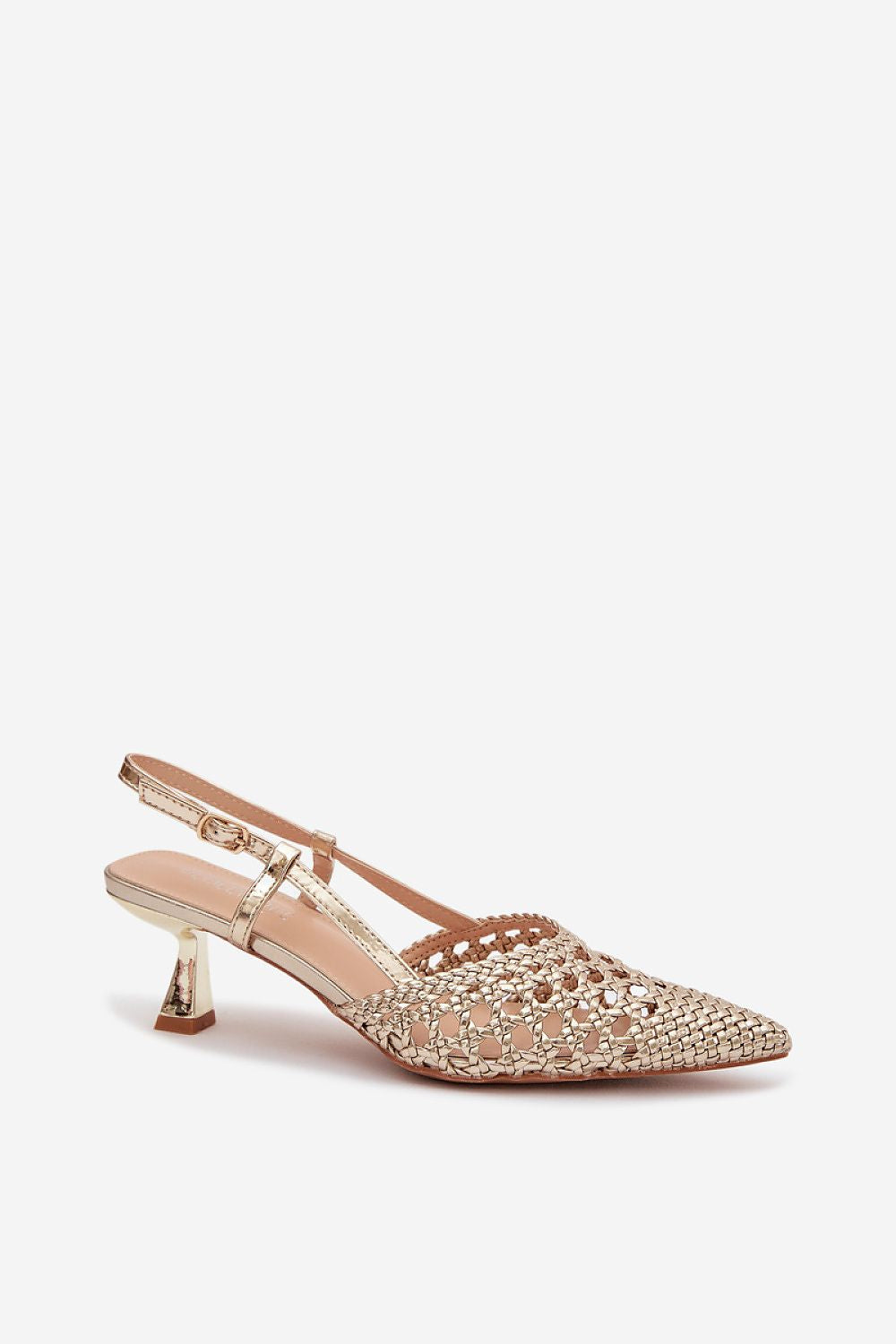 Rose gold embellished high heel shoe on a white background
