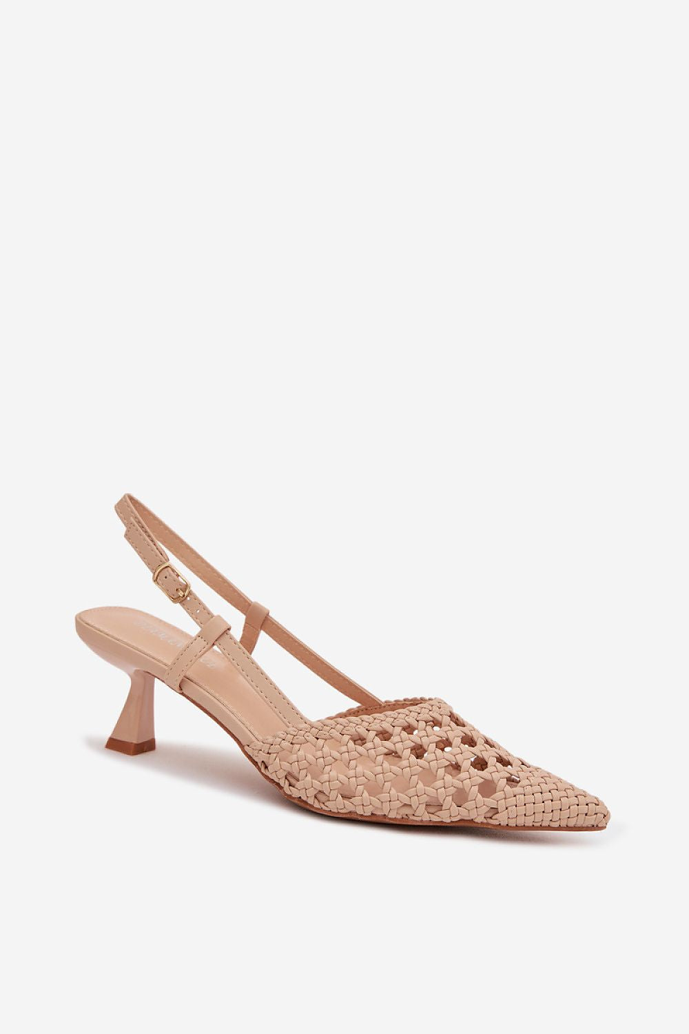 Pink woven sandal with a slingback design on a white background