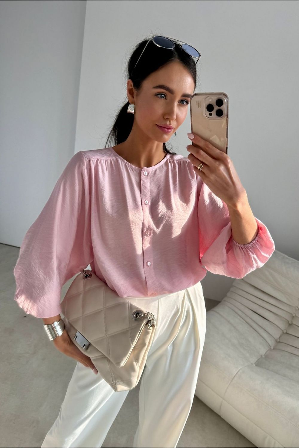  pink airy blouse with loose fit and delicate button front