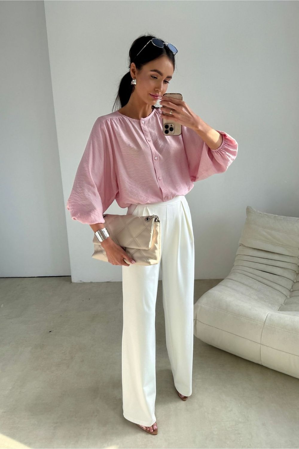  pink airy blouse with loose fit and delicate button front-view-2