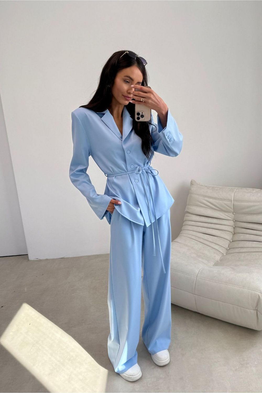  blue wide leg striped trousers with tailored fit