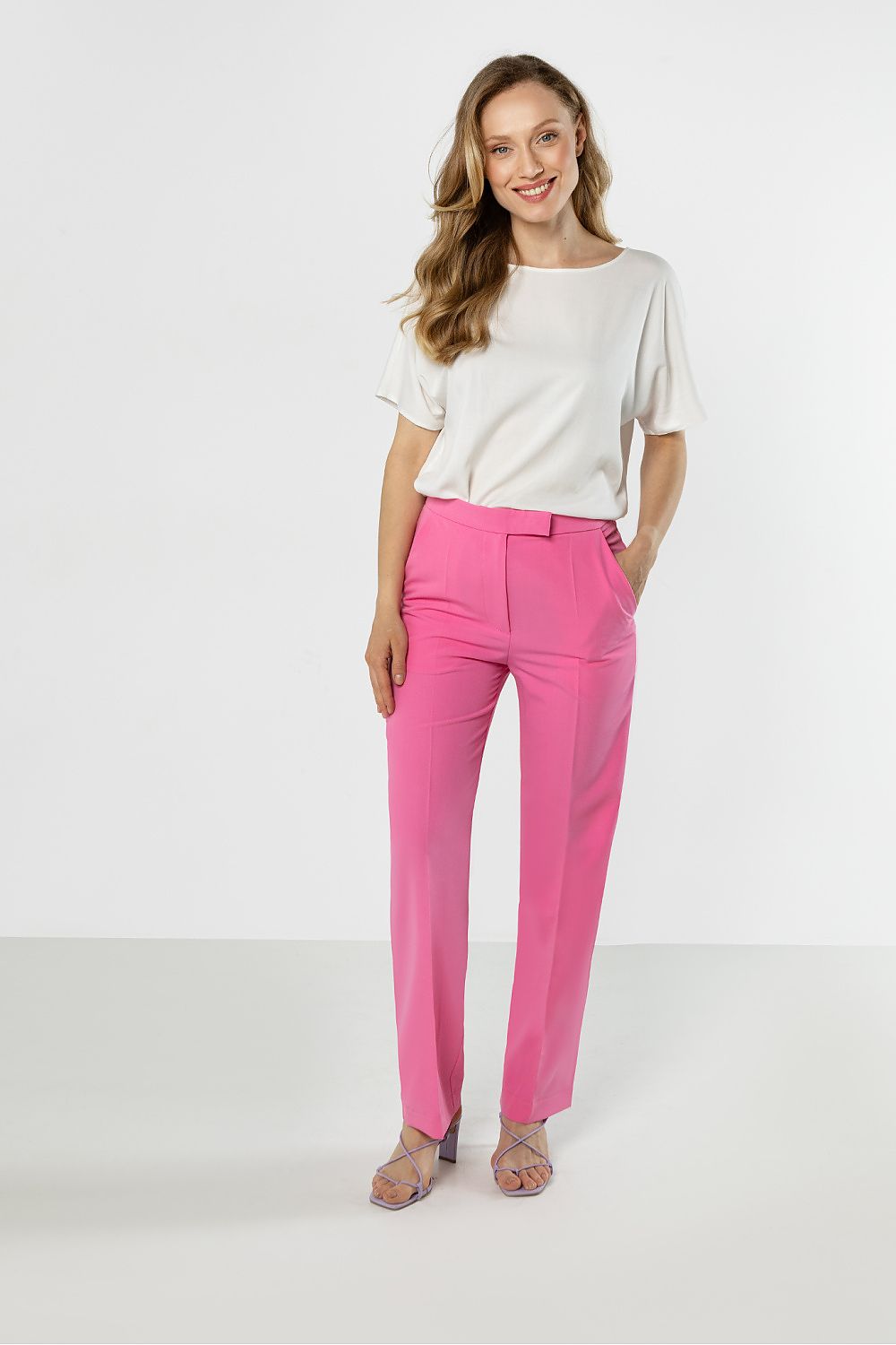 rich pink classic high waist trousers with straight leg cut