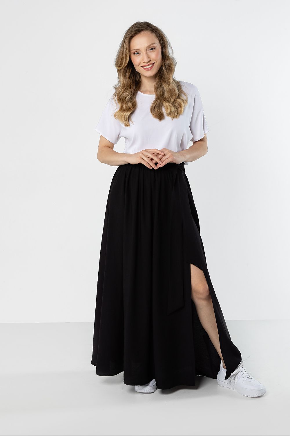 black flowy maxi skirt with high waist and front slit