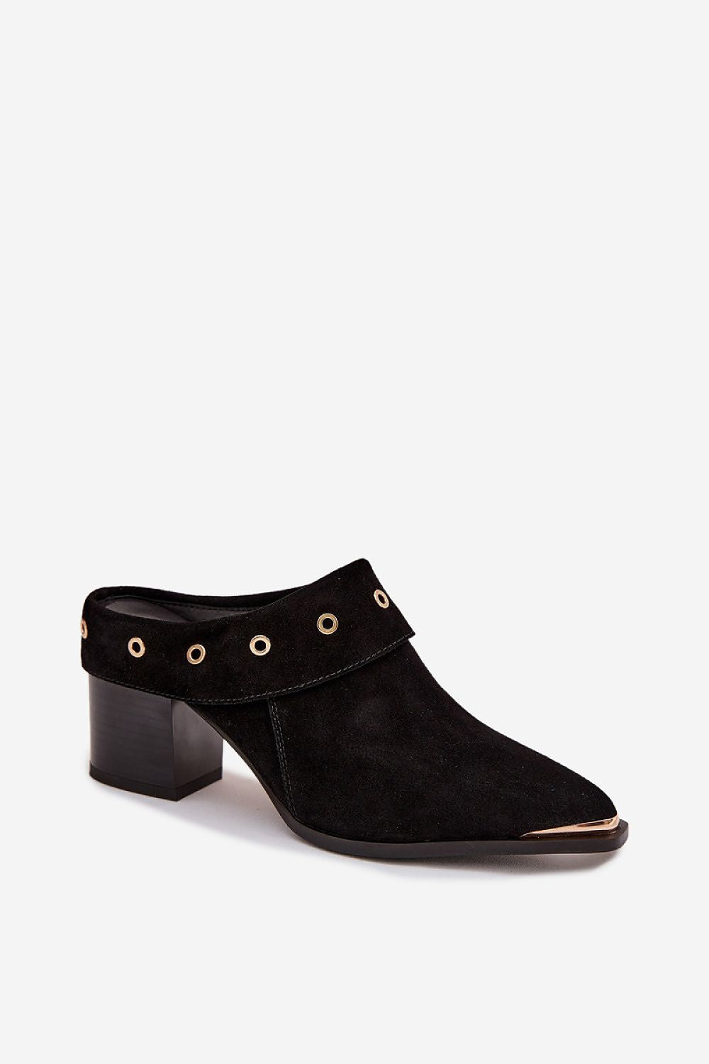 Black suede mule shoe with decorative elements on a white background