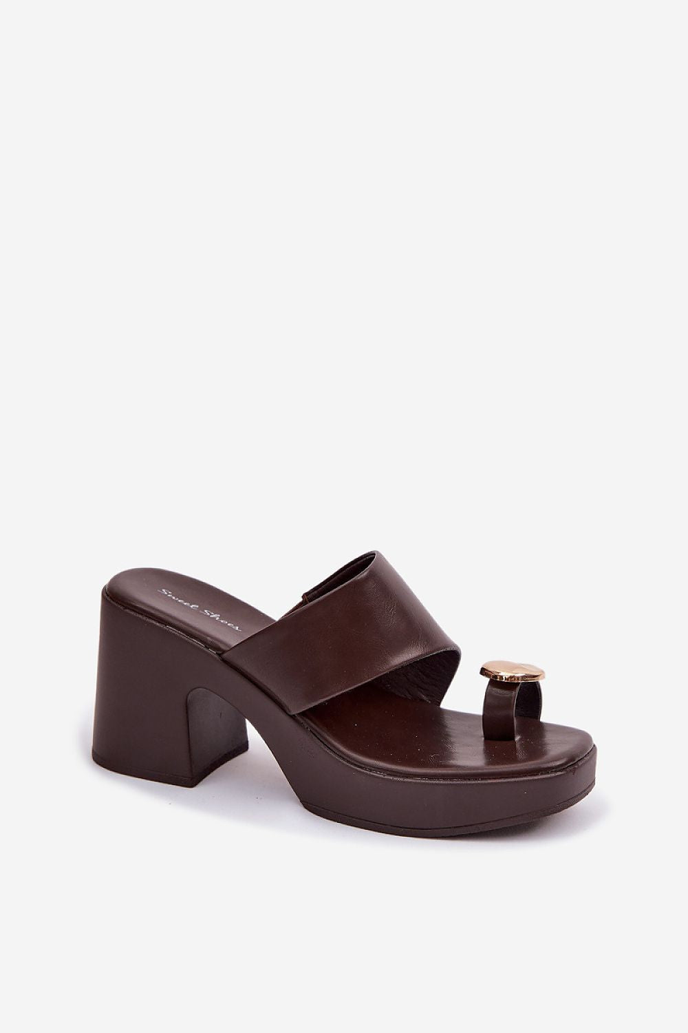 Brown sandal with a block heel on a white background