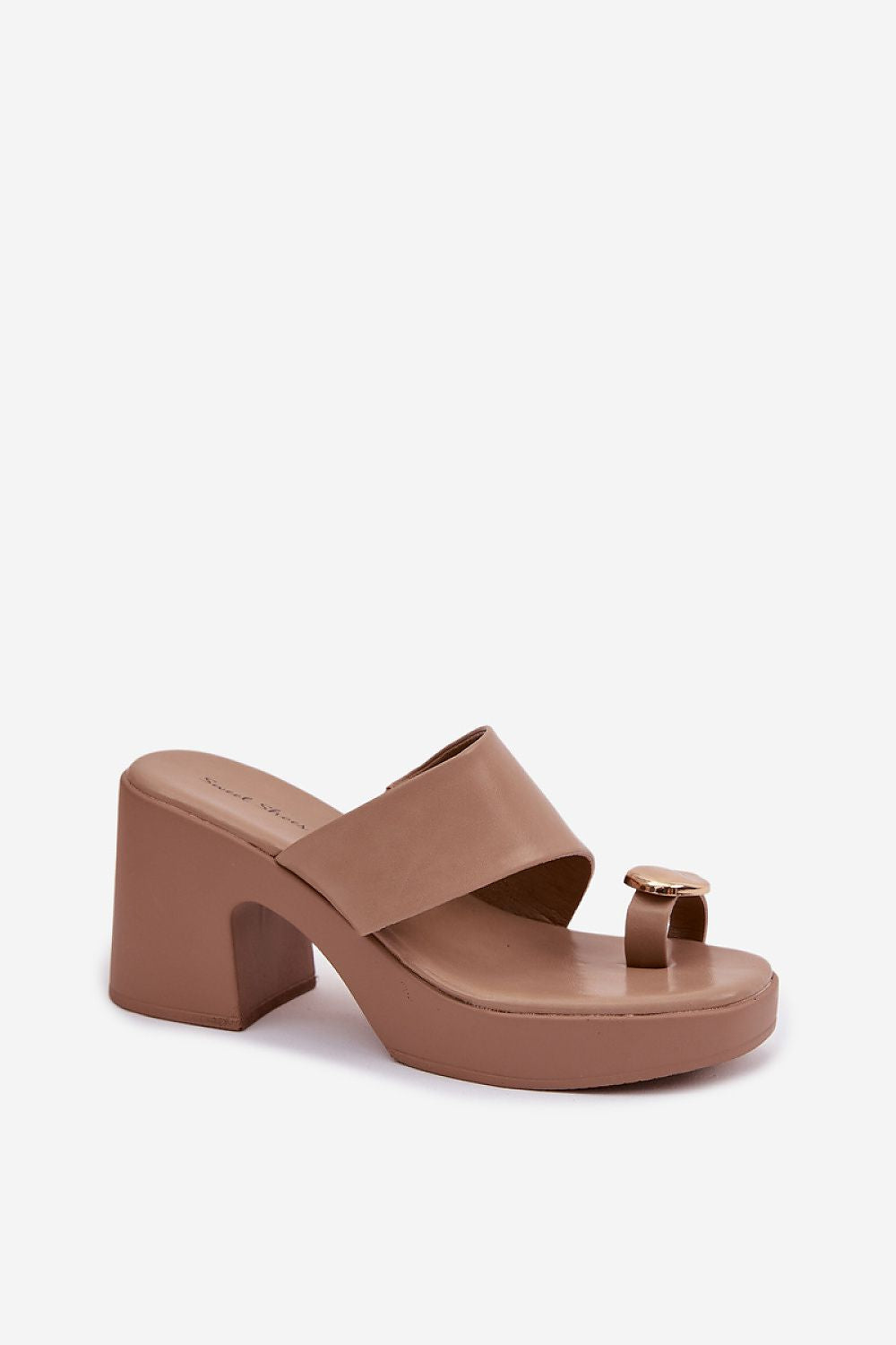 Brown sandal with a block heel on a white background