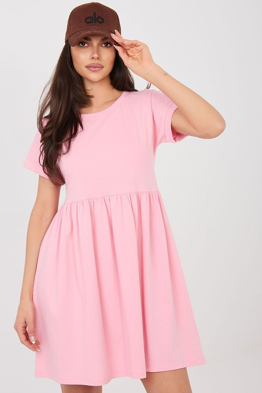  Pink cotton flared dress with short sleeves and round neckline