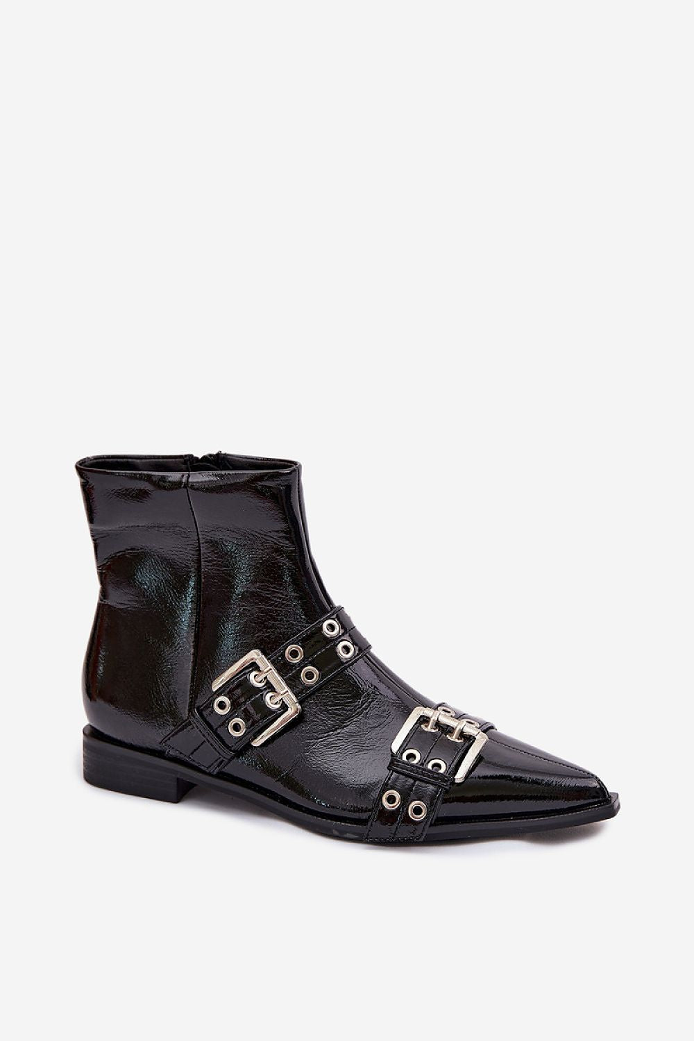  patent eco leather ankle boots with flat heel, side zip and two decorative buckle straps
