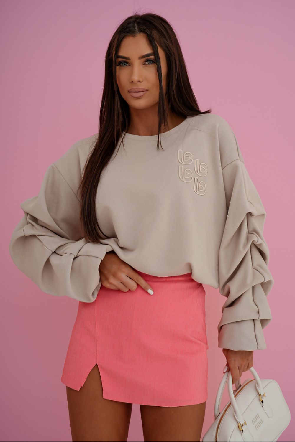  Beige statement sleeve sweatshirt relaxed fit front view-2