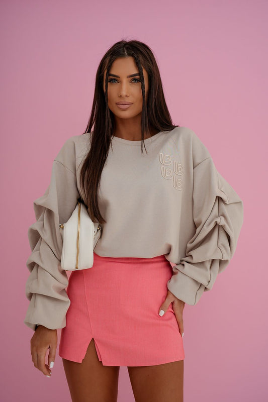  Beige statement sleeve sweatshirt relaxed fit front view