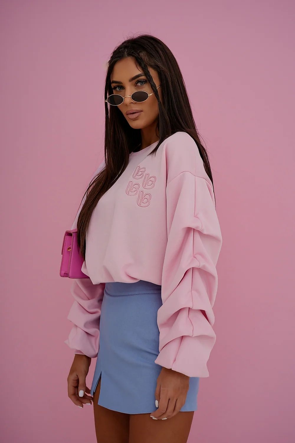  Beige statement sleeve sweatshirt relaxed fit front view-4