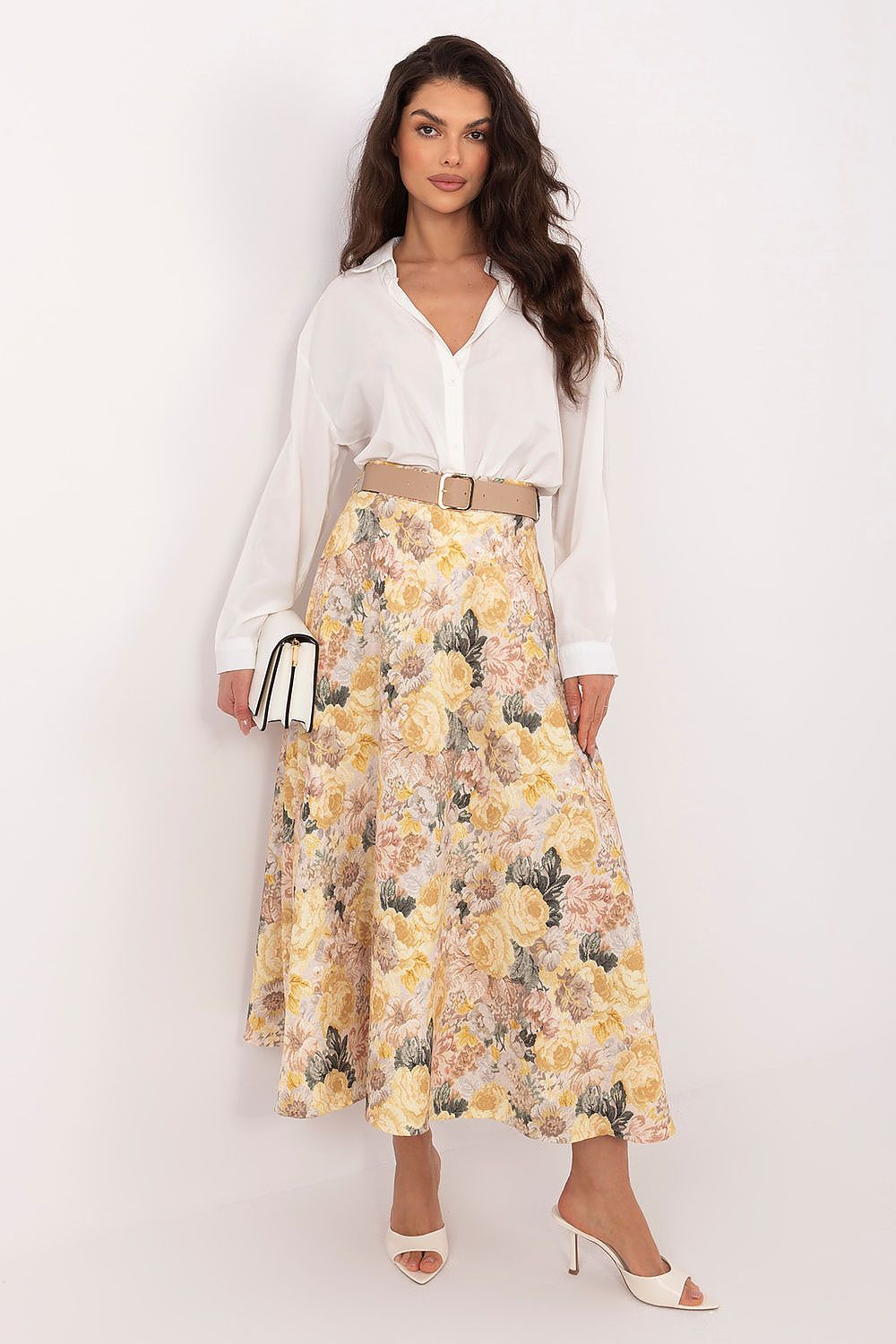 Yellow floral midi skirt bright feminine style