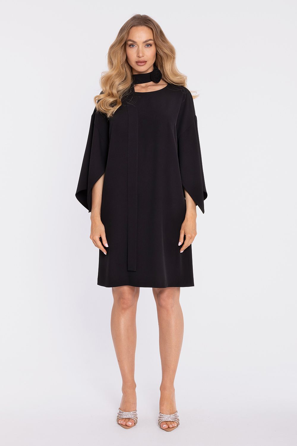 Woman wearing a black dress on a white background