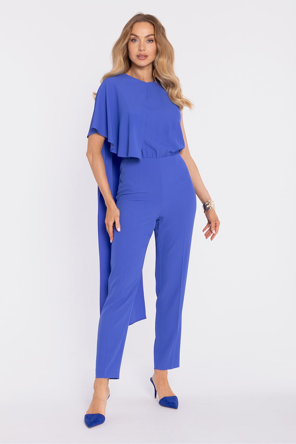 Woman wearing a blue outfit on a white background