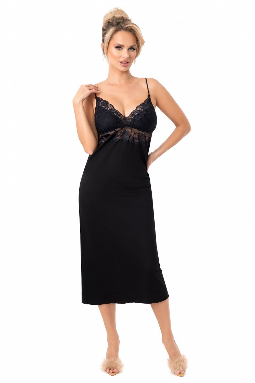  The Roselle Black Lace-Trim Maxi Nightdress featuring delicate shoulder straps, lace detailing and a flowing maxi silhouette.