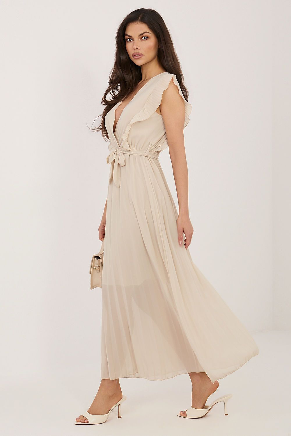  flowing dress with waist tie detail-Beige