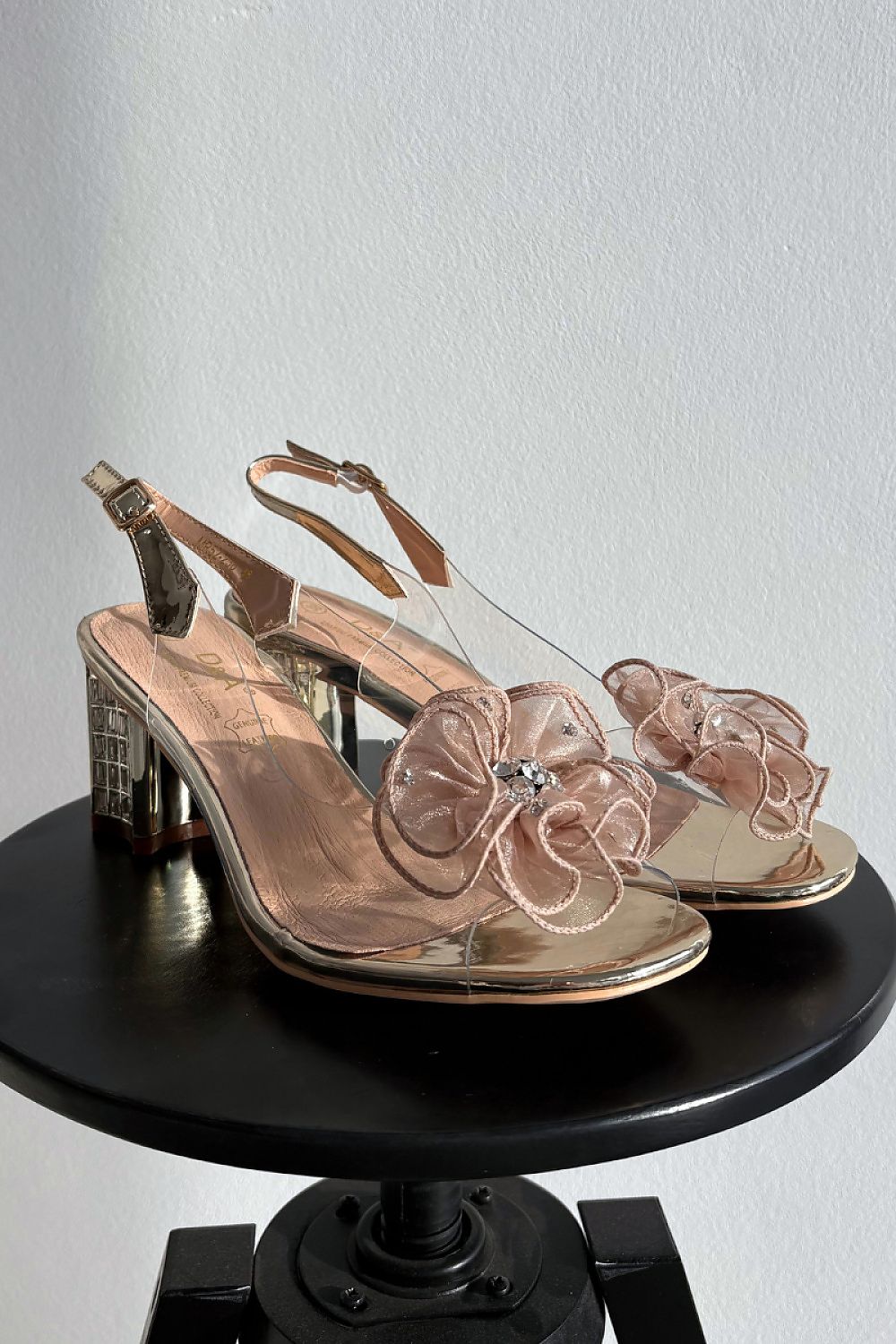 Gold heeled sandals sheer strap bow detail block heel
