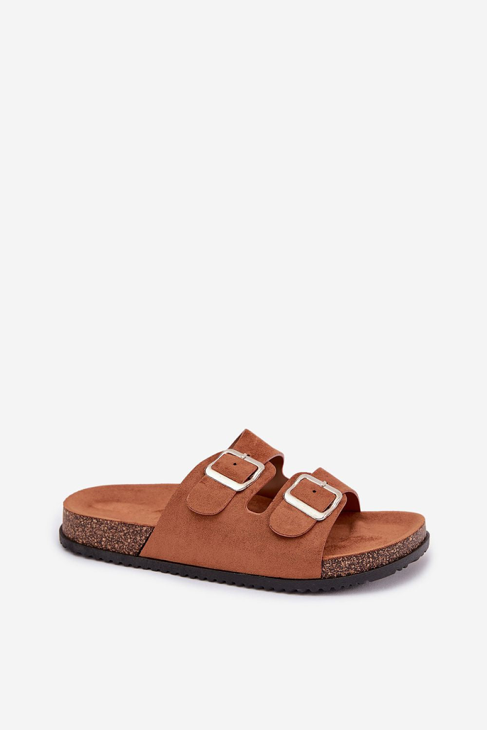 Brown sandal with double buckle strap on a white background