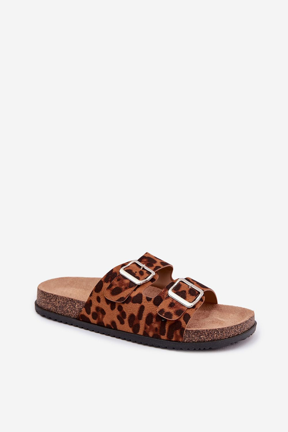 Brown sandal with leopard print strap on a white background