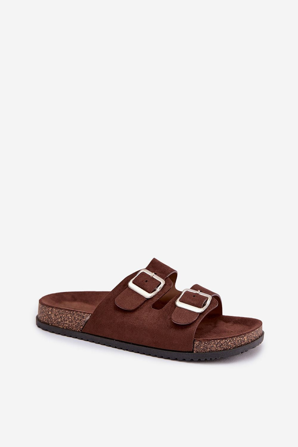 Brown sandal with double buckle on a white background