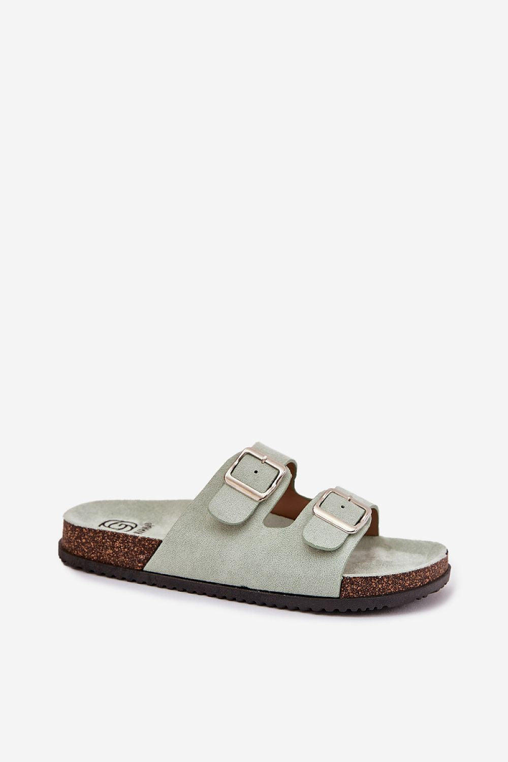 Light gray sandal with cork sole on a white background