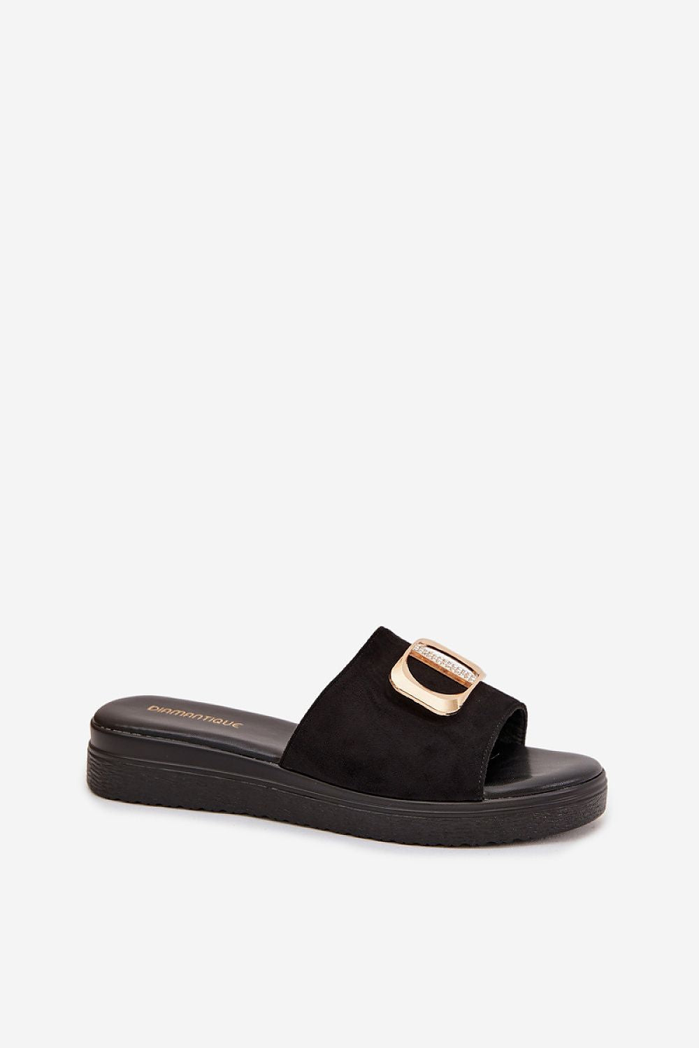 Black sandal with braided design on a white background