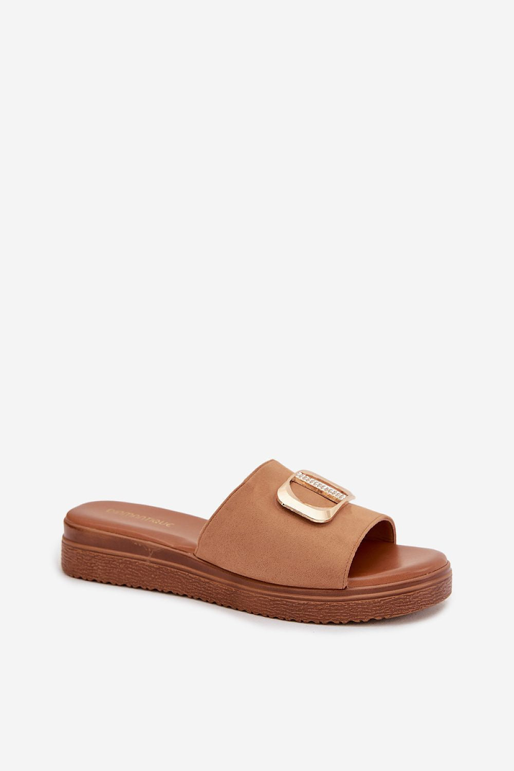 Brown sandal with a gold buckle on a white background