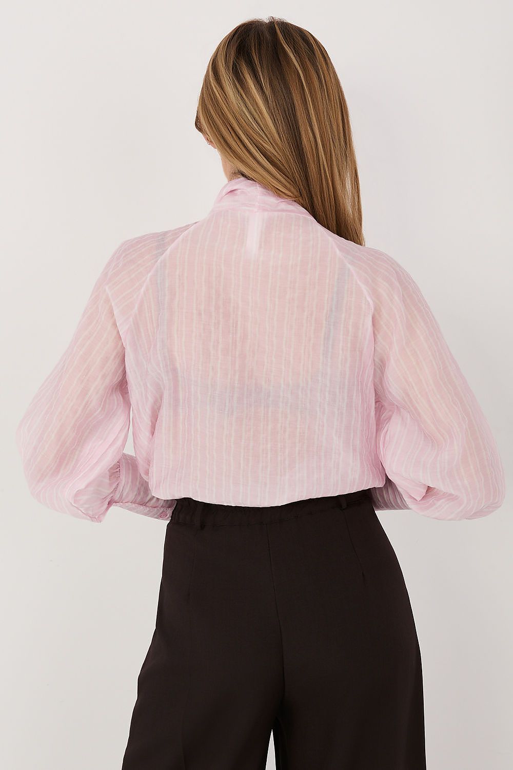 Person wearing a light pink sheer blouse with dark pants on a white background