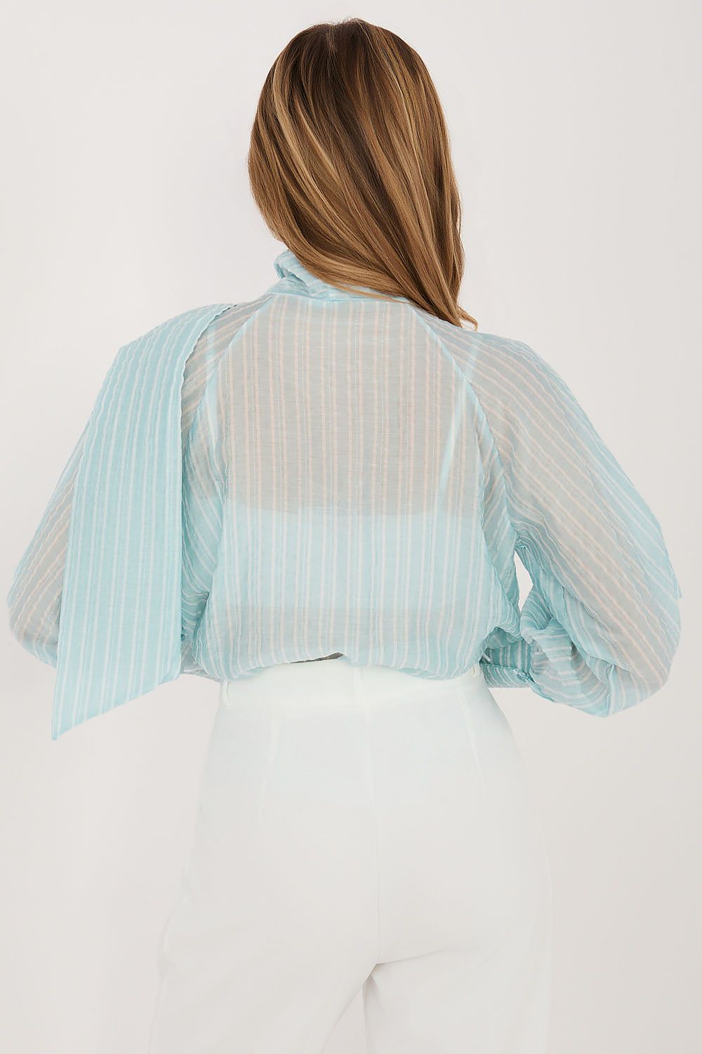Light blue sheer blouse worn by a person on a white background
